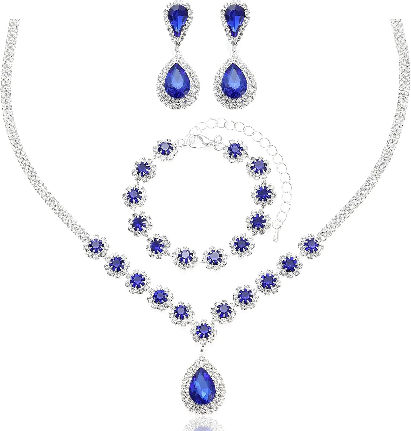 Elegant Wedding Bridal Silver Crystal Necklace Dangle Earring Bracelet Bridesmaids Prom Costume Accessories Jewelry Set for Women