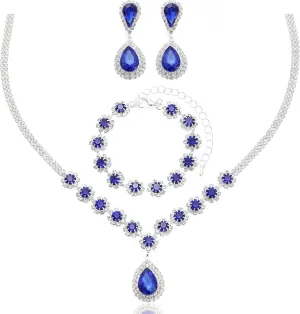 Elegant Wedding Bridal Silver Crystal Necklace Dangle Earring Bracelet Bridesmaids Prom Costume Accessories Jewelry Set for Women