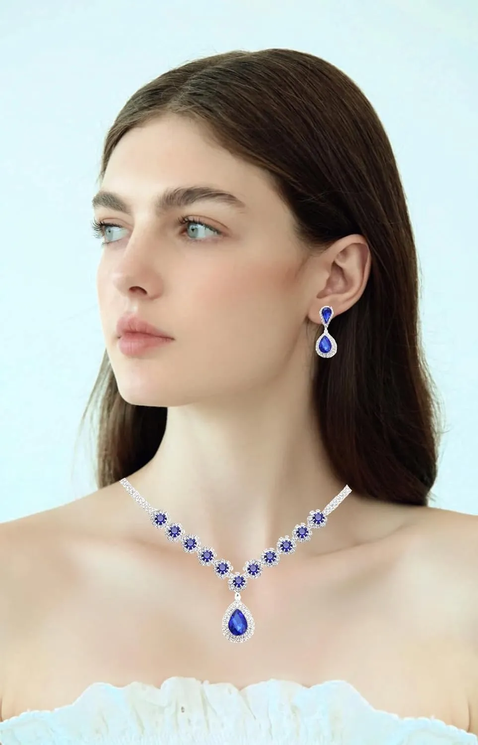 Elegant Wedding Bridal Silver Crystal Necklace Dangle Earring Bracelet Bridesmaids Prom Costume Accessories Jewelry Set for Women