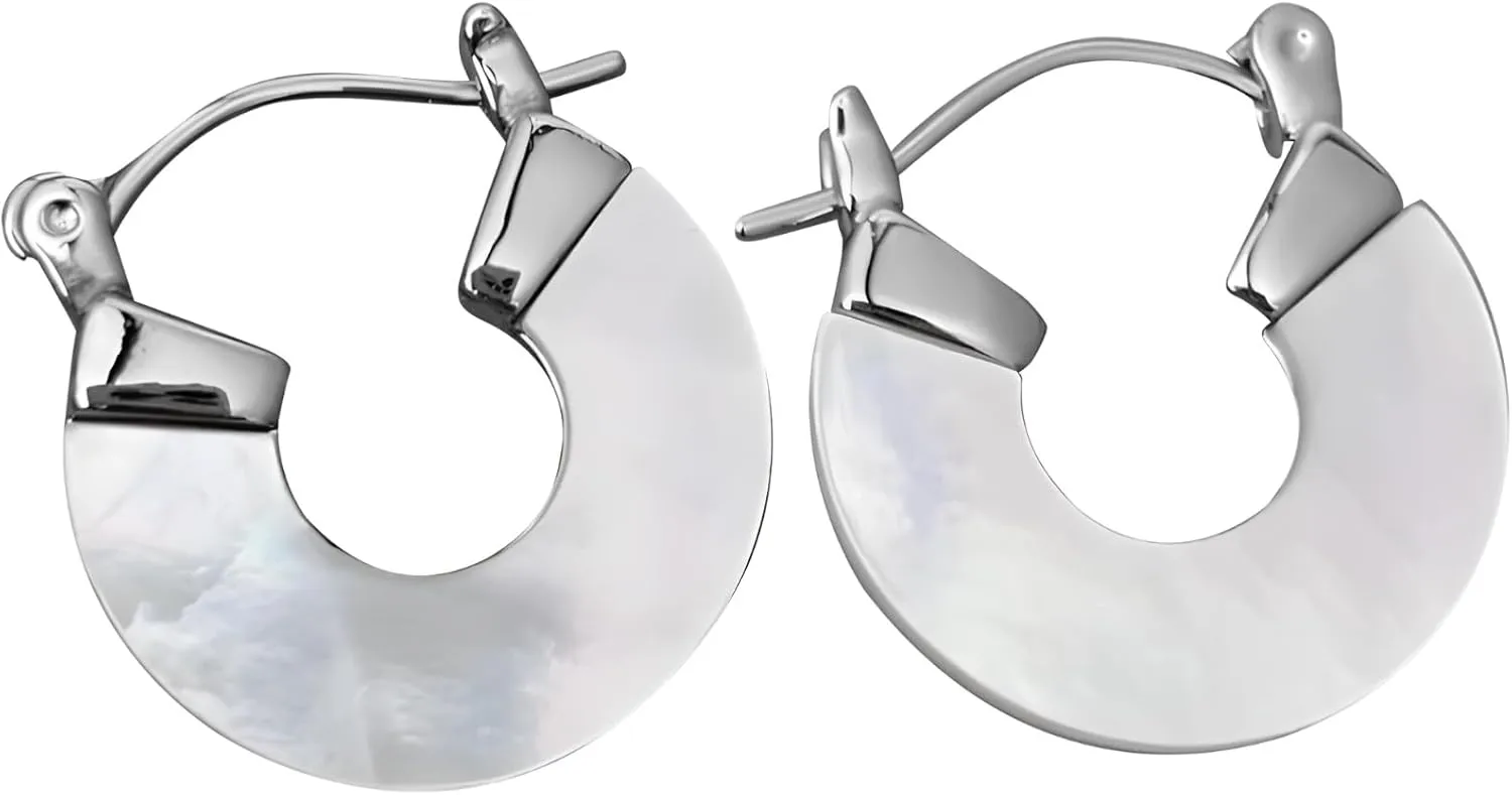 Elegant White Mother Of Pearl Hoop Earrings, Sterling Silver Plated Natural Shell Disc Earrings, Minimalist Beach Jewelry For Women
