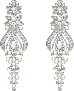 EleQueen Elegant Simulated Pearl Rhinestone Crystal Vintage Style Cluster Chandelier Dangle Earrings for Women Party Prom Clear