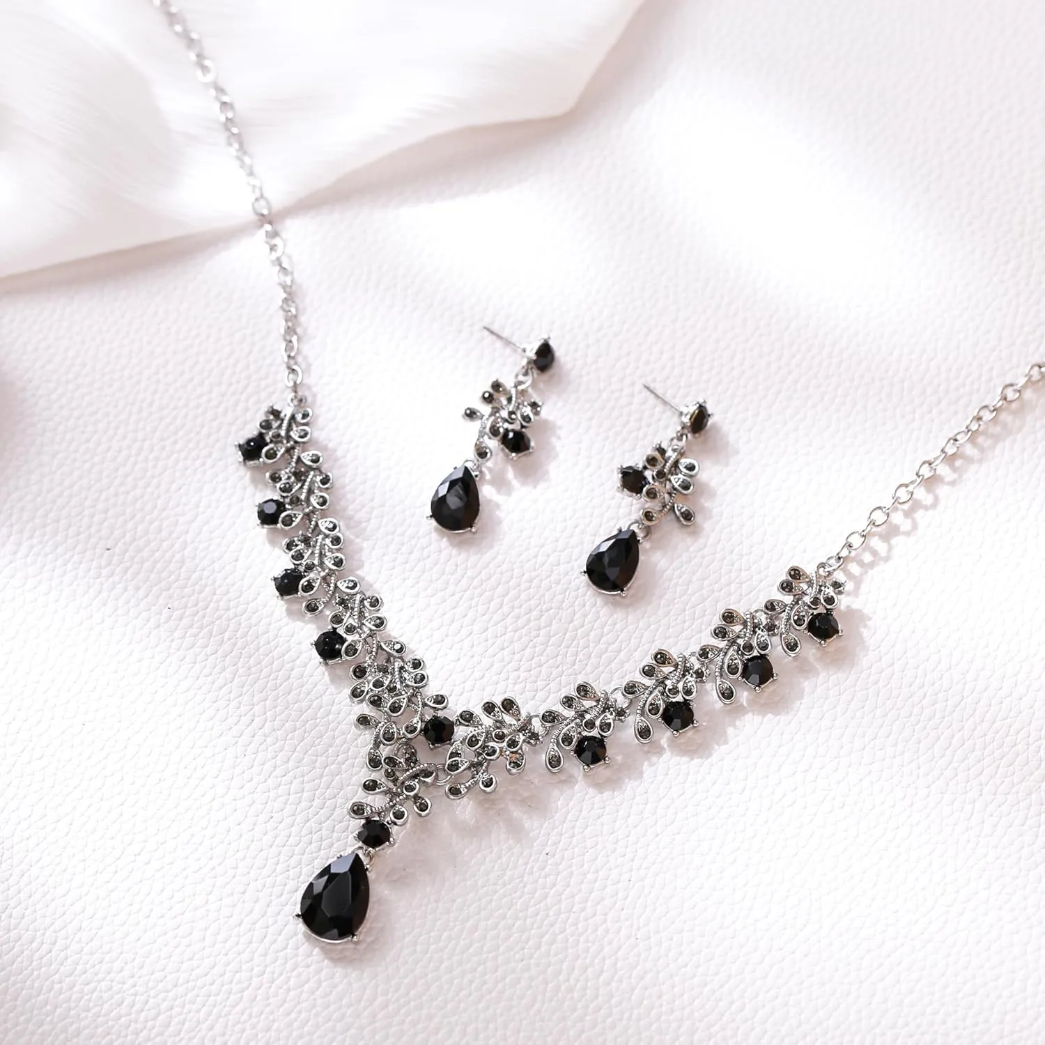 EleQueen Elegant Wedding Costume Crystal Floral Leaf Necklace Dangle Earrings Set for Women, Bridal Jewelry for Bride Bridesmaid Accessories