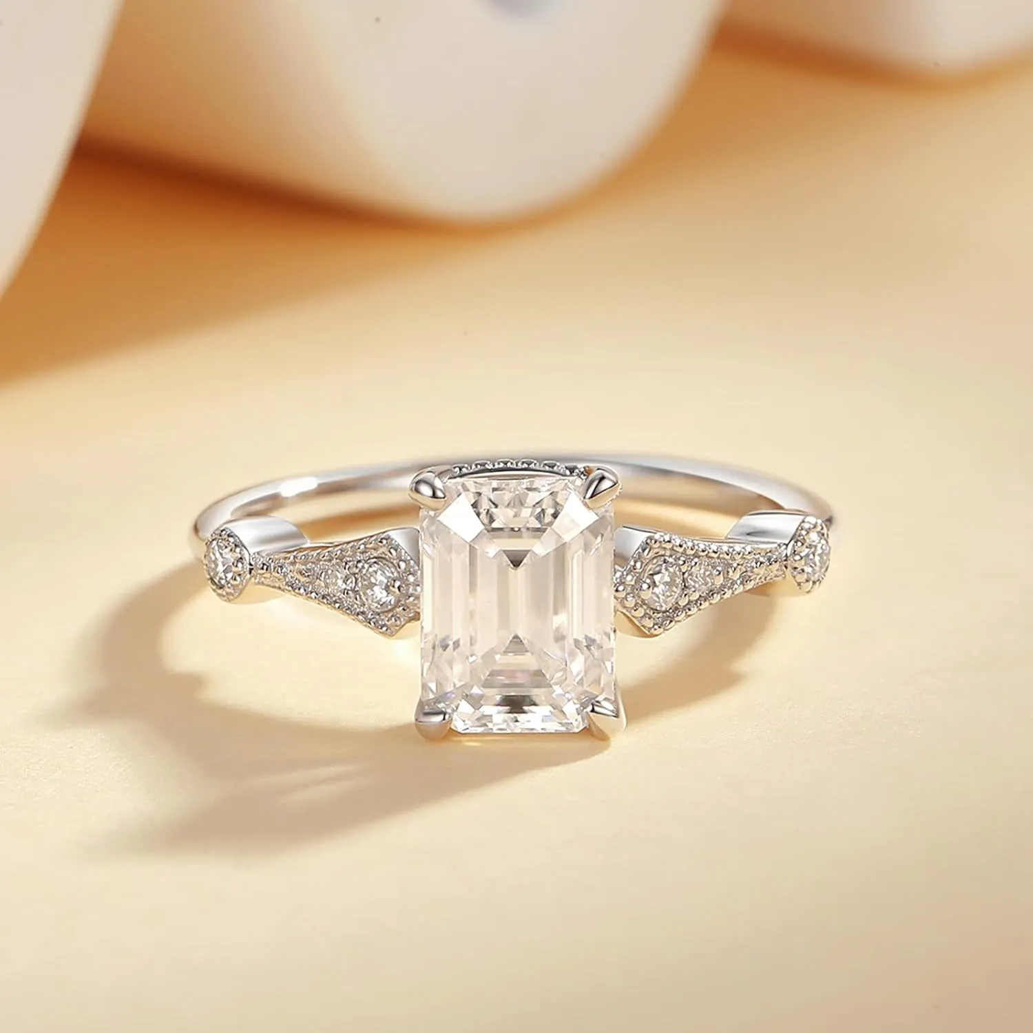 Emerald Cut Moissanite Ring For Women 18 K White Gold Plated S925 Sterling Silver Simple-Vintage Engagement Women Ring For Her