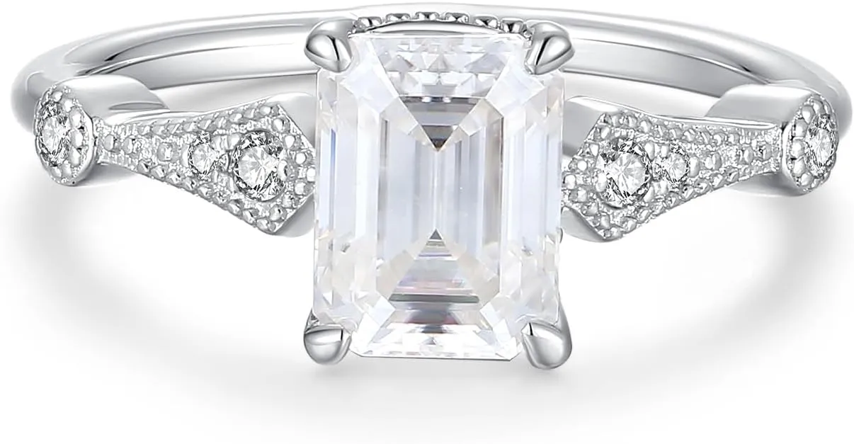 Emerald Cut Moissanite Ring For Women 18 K White Gold Plated S925 Sterling Silver Simple-Vintage Engagement Women Ring For Her