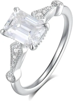 Emerald Cut Moissanite Ring For Women 18 K White Gold Plated S925 Sterling Silver Simple-Vintage Engagement Women Ring For Her