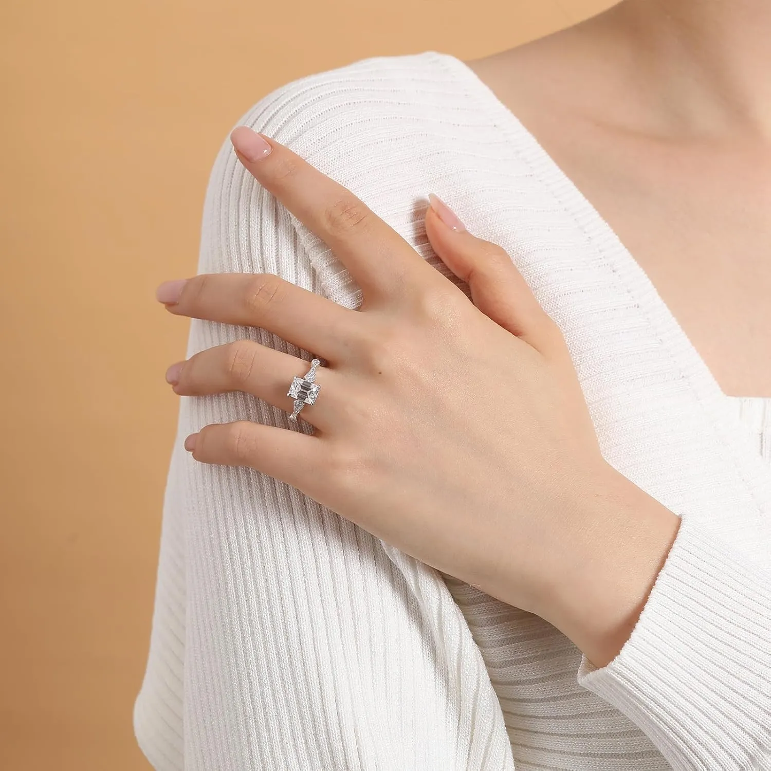 Emerald Cut Moissanite Ring For Women 18 K White Gold Plated S925 Sterling Silver Simple-Vintage Engagement Women Ring For Her