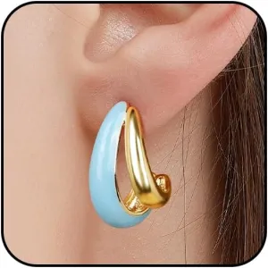 Enamel Earrings for Women 18K Gold Plated Small Hoop Earrings Colored Hypoallergenic Cute Stud Huggie Earrings Blue Boho Jewelry Gift for Girlfriend Wife