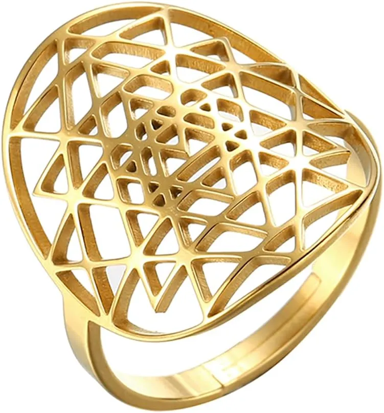 EUEAVAN Adjustable Sri Yantra Chakra Ring Sri Yantra Amulet Talisman Pendant Sacred Geometry Ring Hinduism Symbol Sacred Hindu Ring Meditation Jewelry for Women Men