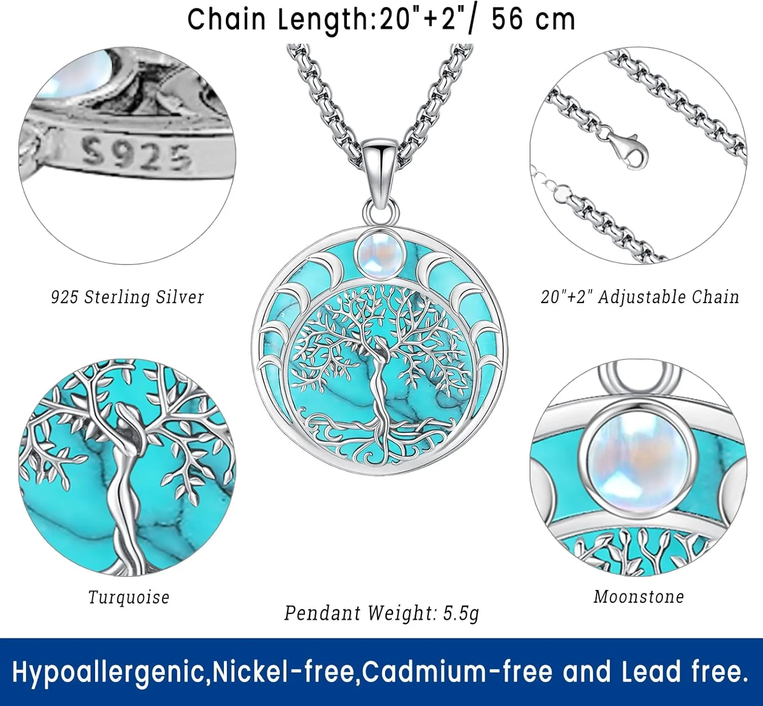 Eusense Nudo De Bruja Plata 925 Original Witches Knot Necklace Tetragrammaton Hecate Triple Moon Goddess Lilith Jewelry Pentagram Pendant for Women Men