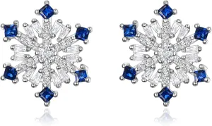 EVER FAITH 925 Sterling Silver Blue Cubic Zirconia Winter Snowflake Flower Elegant Sapphire Color Stud Earrings