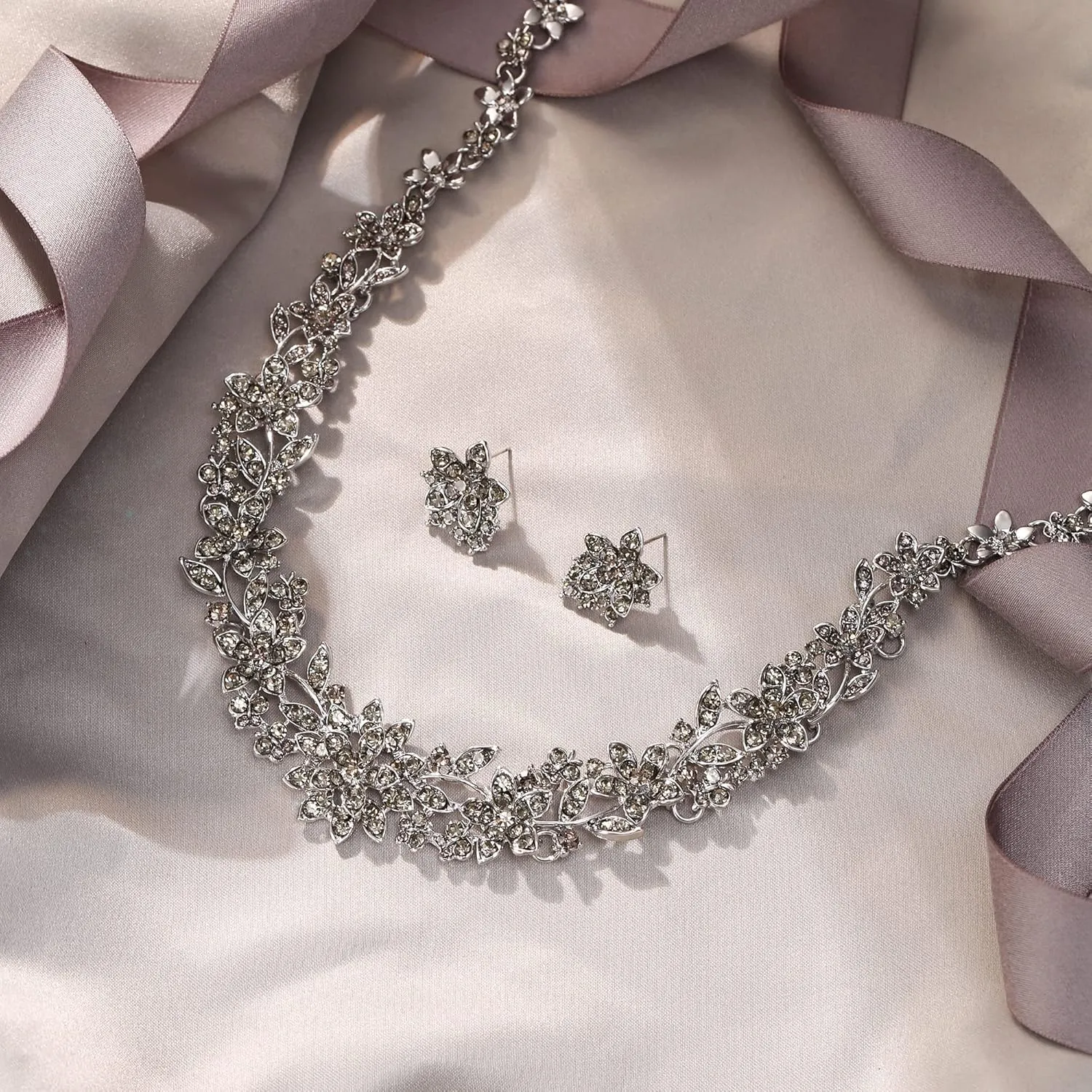 EVER FAITH Bridal Austrian Crystal Jewelry Set, Elegant Cluster Flower Leaf Necklace Earrings Set for Women