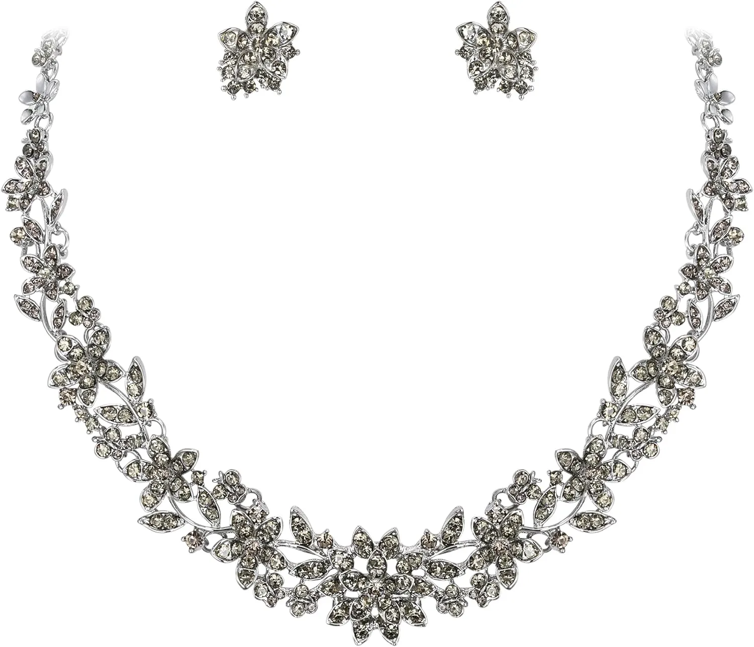 EVER FAITH Bridal Austrian Crystal Jewelry Set, Elegant Cluster Flower Leaf Necklace Earrings Set for Women