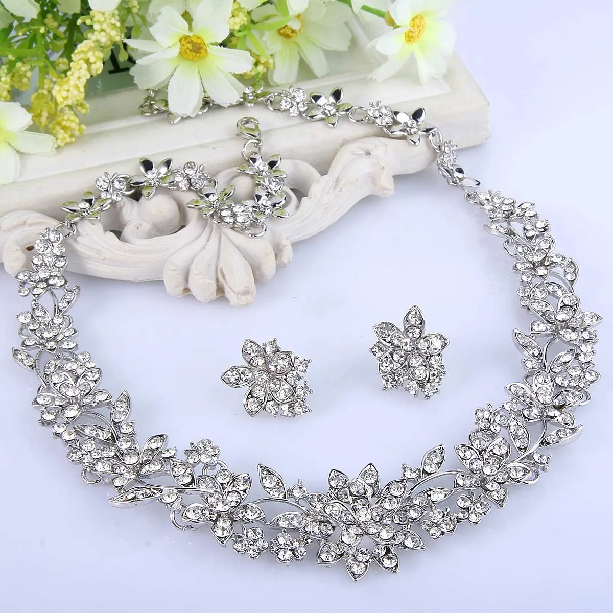 EVER FAITH Bridal Austrian Crystal Jewelry Set, Elegant Cluster Flower Leaf Necklace Earrings Set for Women