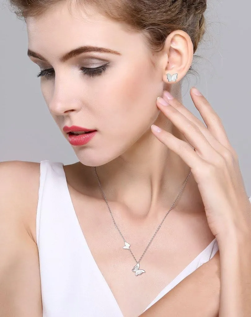EVER FAITH Bridal Jewelry 925 Sterling Silver Elegant Butterfly Insect Adjustable Pendant Necklace Stud Earrings Set