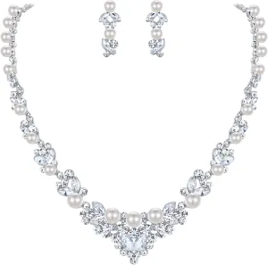 EVER FAITH Bridal Jewelry Set Clear Austrian Crystal Simulated Pearl Leaf Elegant Necklace Earrings for Bride, Bridesmaids