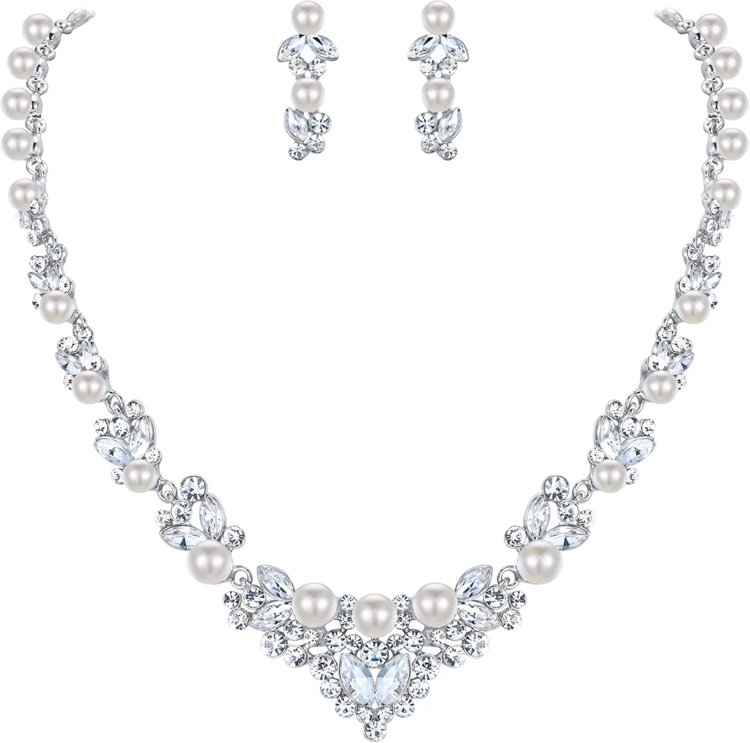 EVER FAITH Bridal Jewelry Set Clear Austrian Crystal Simulated Pearl Leaf Elegant Necklace Earrings for Bride, Bridesmaids