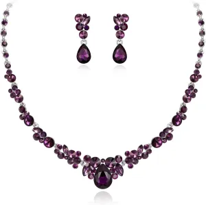 EVER FAITH Crystal Costume Party Jewelry Elegant Rhinestone Floral Teardrop Necklace Earrings Set Dark Purple Silver-Tone