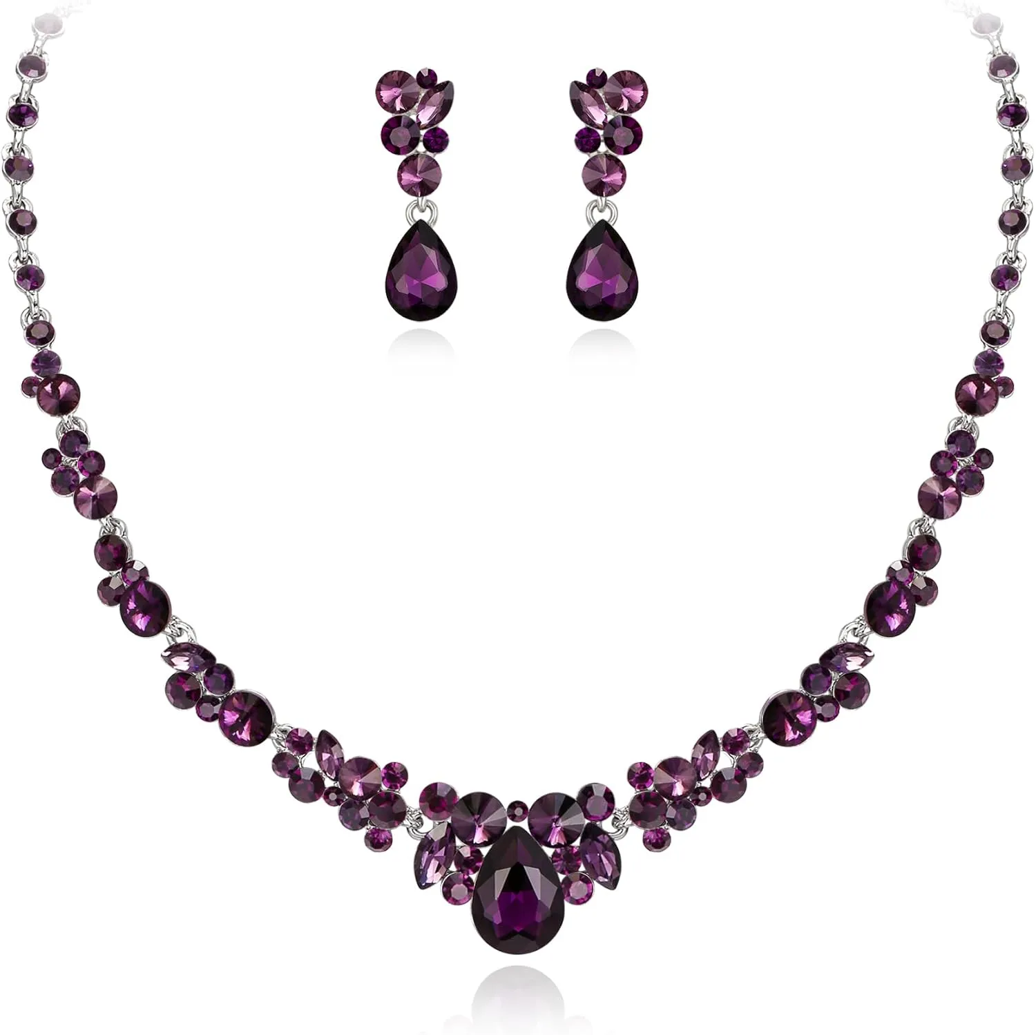 EVER FAITH Crystal Costume Party Jewelry Elegant Rhinestone Floral Teardrop Necklace Earrings Set Dark Purple Silver-Tone