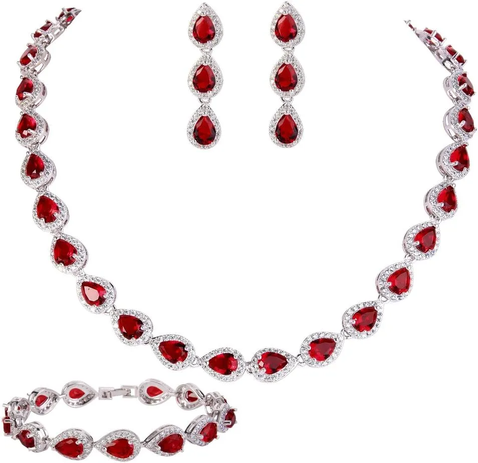 EVER FAITH Gorgeous CZ Birthstone Elegant Tear Drop Bridal Necklace Earrings Bracelet Jewerly Set for Women
