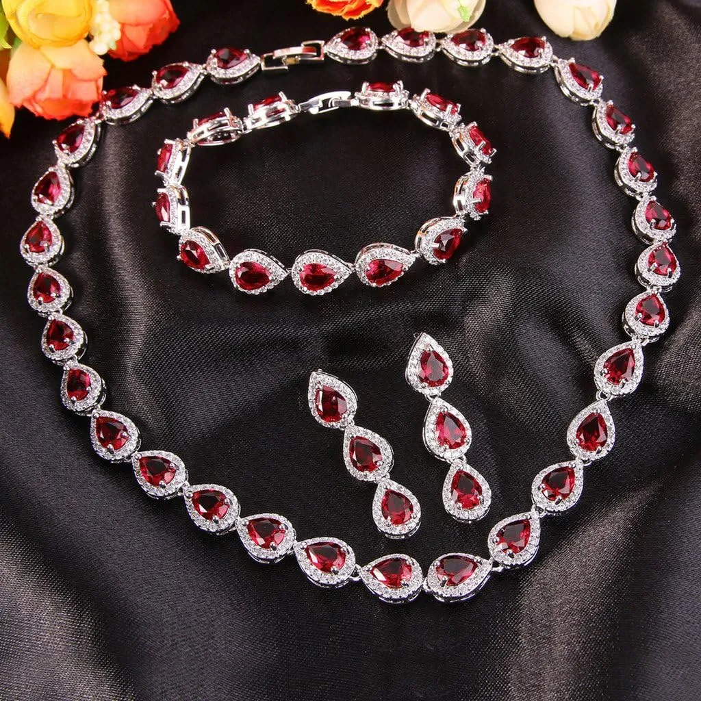 EVER FAITH Gorgeous CZ Birthstone Elegant Tear Drop Bridal Necklace Earrings Bracelet Jewerly Set for Women