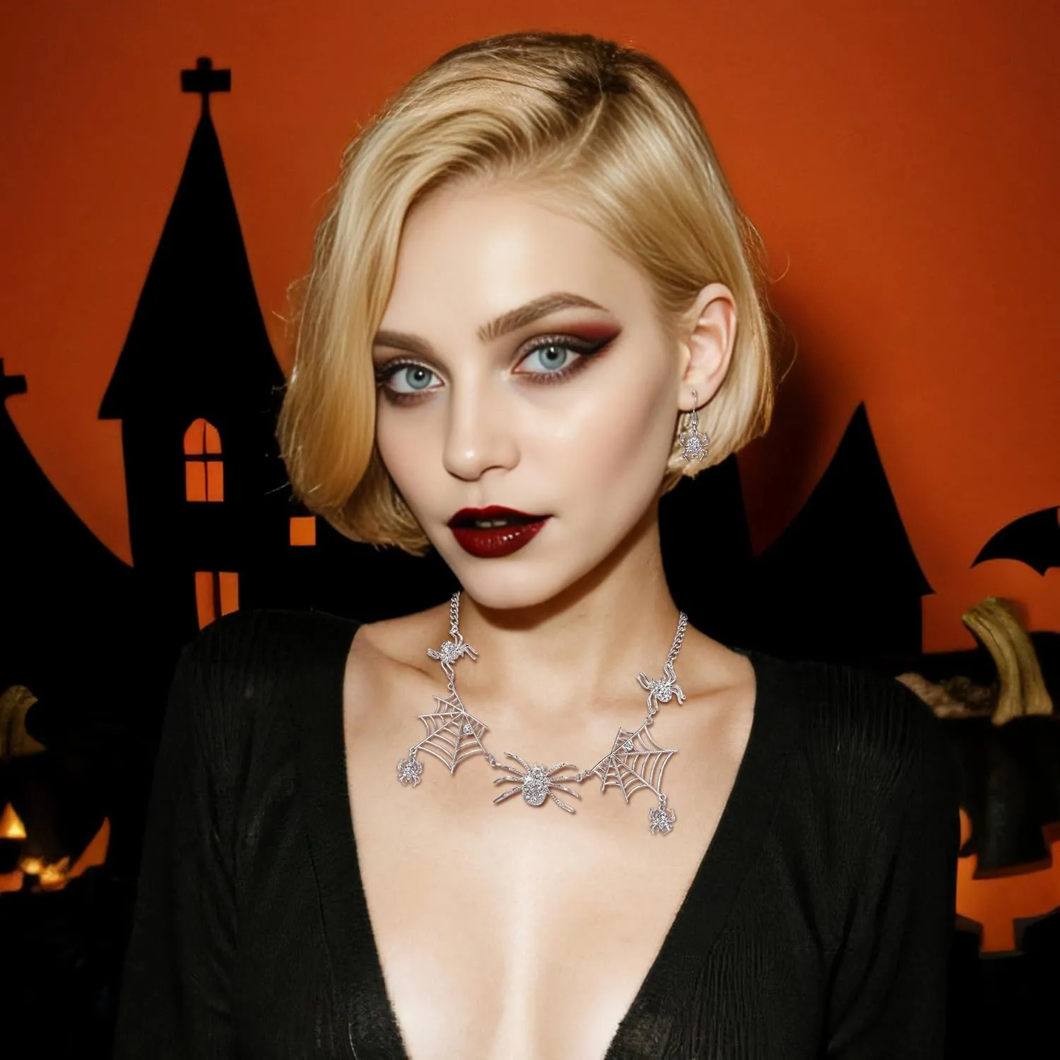 EVER FAITH Halloween Jewelry Accessory Austrian Crystal Vivid Spiders Web Cool Animal Necklace Earrings Set