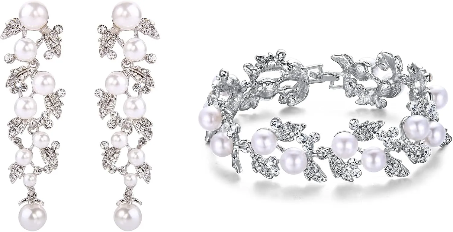 EVER FAITH Rhinestone Crystal White Simulated Pearl Elegant Bride Prom Flower Leaf Bracelet Earring Set for Women
