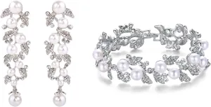 EVER FAITH Rhinestone Crystal White Simulated Pearl Elegant Bride Prom Flower Leaf Bracelet Earring Set for Women