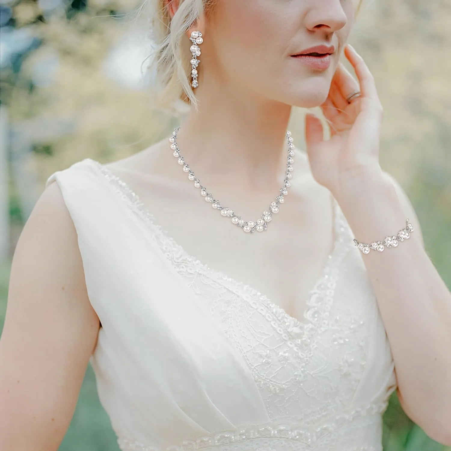 EVER FAITH Simulated Pearl Crystal Bridal Necklace Earrings Bracelet Set Clear