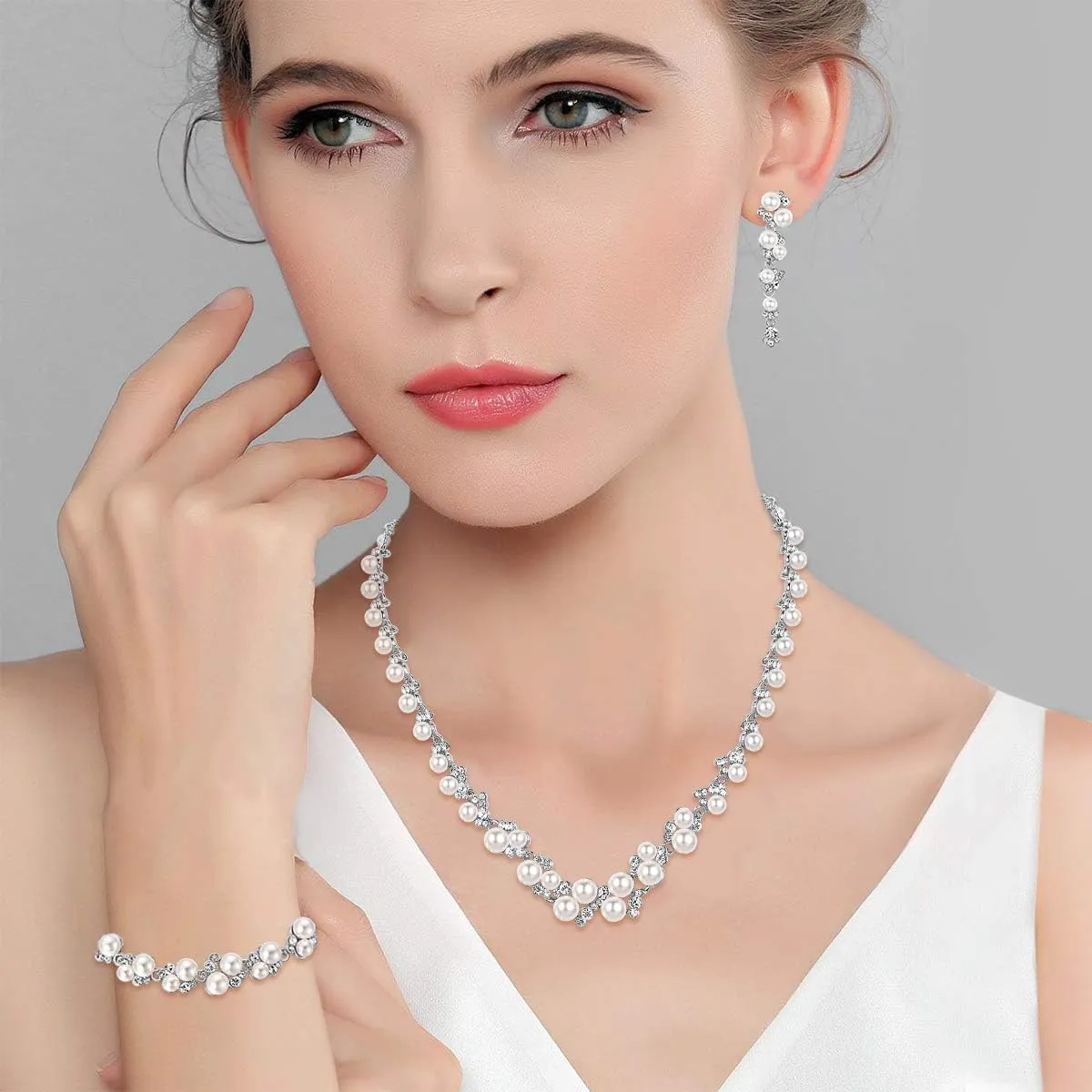 EVER FAITH Simulated Pearl Crystal Bridal Necklace Earrings Bracelet Set Clear