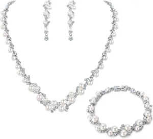 EVER FAITH Simulated Pearl Crystal Bridal Necklace Earrings Bracelet Set Clear