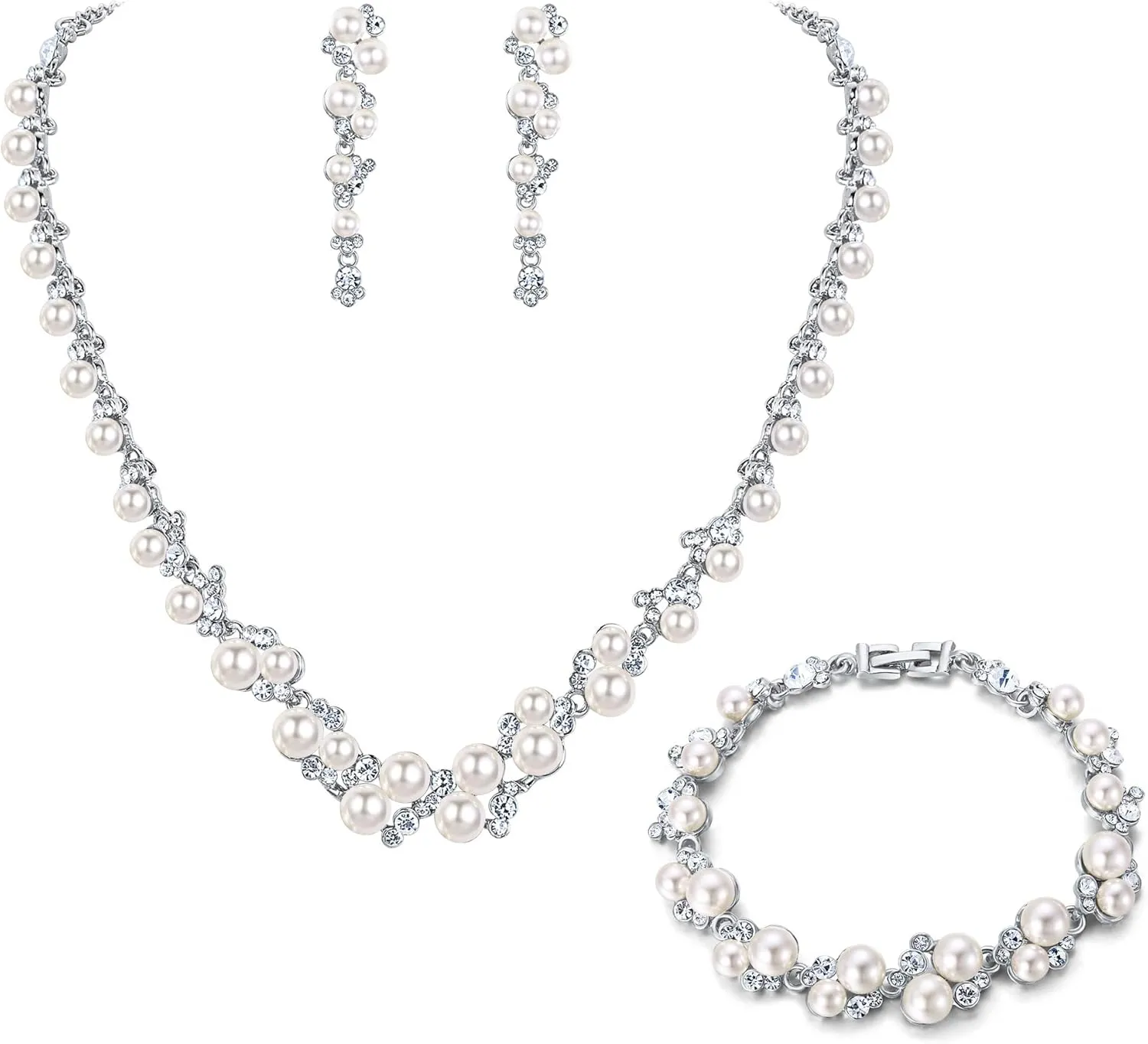 EVER FAITH Simulated Pearl Crystal Bridal Necklace Earrings Bracelet Set Clear