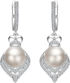 EVER FAITH Women's 925 Sterling Silver CZ AAA 9MM Freshwater Cultured Pearl Elegant Floral Earrings Clear