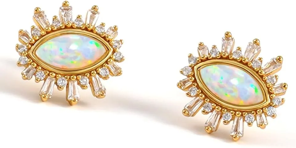 Evil Eye Opal Stud Earrings for Women: 18K Gold 925 Sterling Silver Zirconia Starburst Sun Celestial Marquise Cluster Crystal Earrings Trendy Dainty Jewelry Graduation Birthday Gifts for Her Daughter