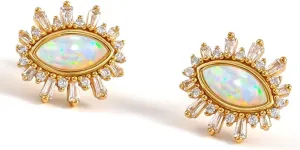 Evil Eye Opal Stud Earrings for Women: 18K Gold 925 Sterling Silver Zirconia Starburst Sun Celestial Marquise Cluster Crystal Earrings Trendy Dainty Jewelry Graduation Birthday Gifts for Her Daughter
