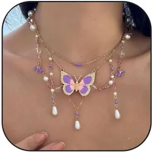 Fairy Butterfly Choker Necklace for Women Purple Butterfly Pendant Necklace Bohemian Layered Butterfly Neckalce for Women Costume Jewelry