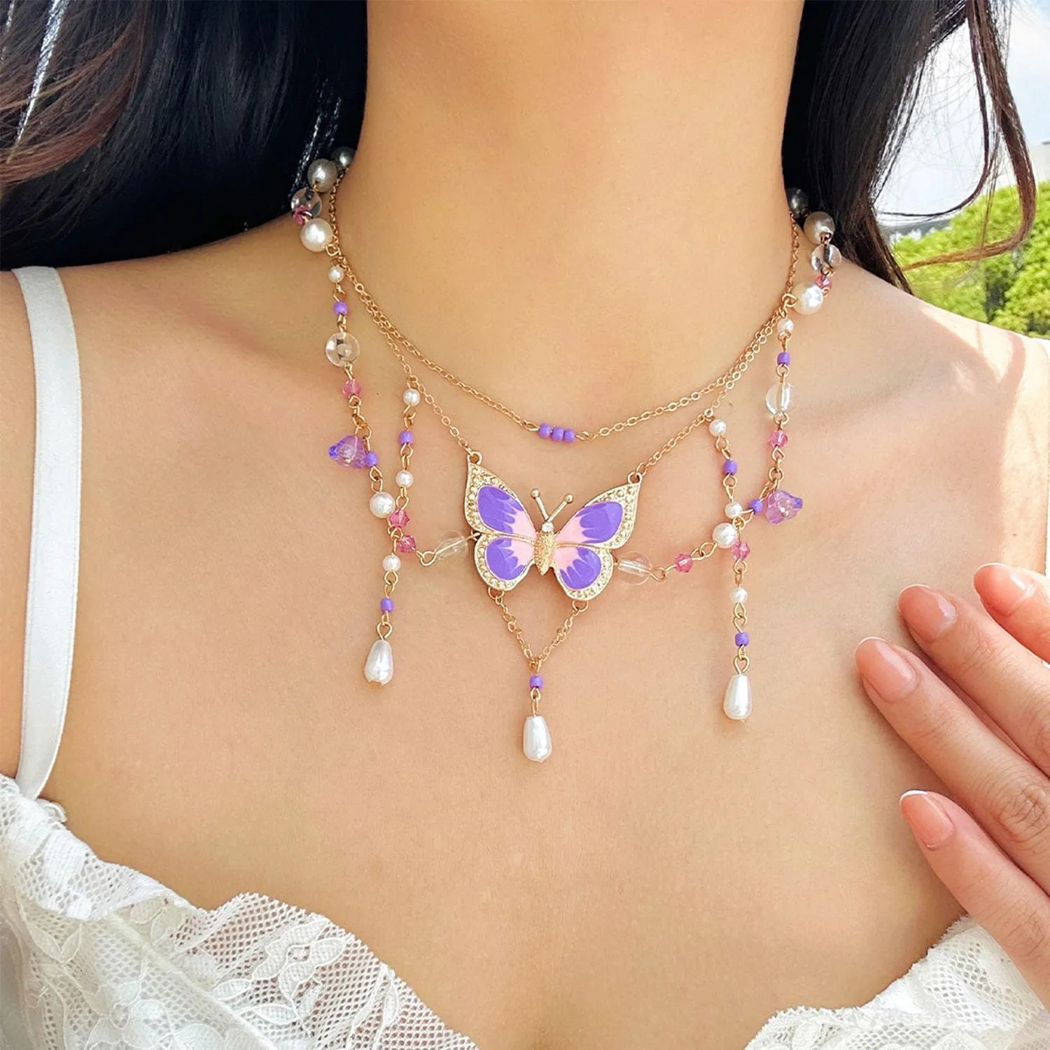 Fairy Butterfly Choker Necklace for Women Purple Butterfly Pendant Necklace Bohemian Layered Butterfly Neckalce for Women Costume Jewelry