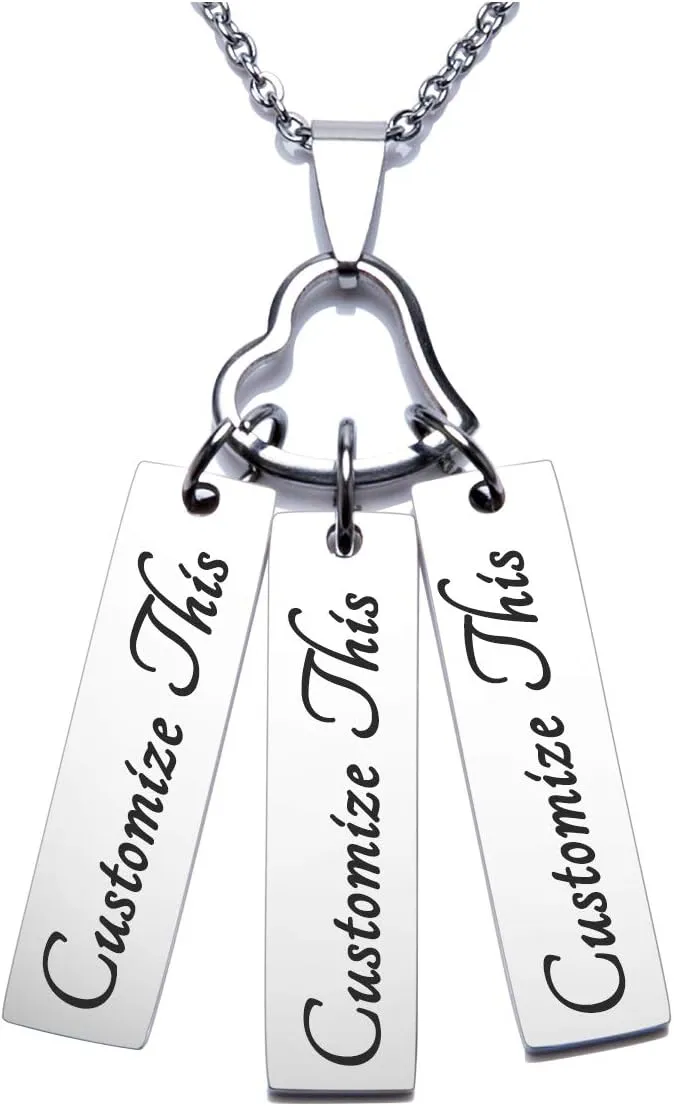 Fanery Sue Personalized Bar Necklace Custom Engraved Name Love Gift Heart Charm Necklace for Her,Mom,Wife