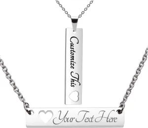 Fanery Sue Personalized Custom Heart Necklaces Set Engraved Name Message Bar Pendant Love Gift for Mother Daughter Couples
