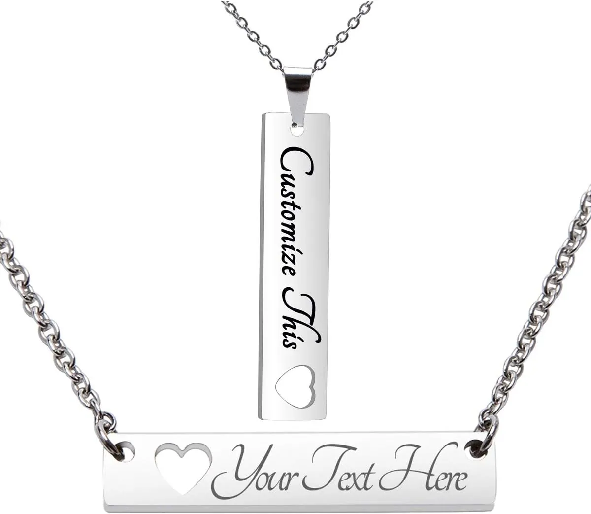 Fanery Sue Personalized Custom Heart Necklaces Set Engraved Name Message Bar Pendant Love Gift for Mother Daughter Couples
