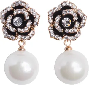 Fashion Designer Inspired Rhinestone Imitation Pearl Camellia Flower Charm Dangle Drop Earrings for Women