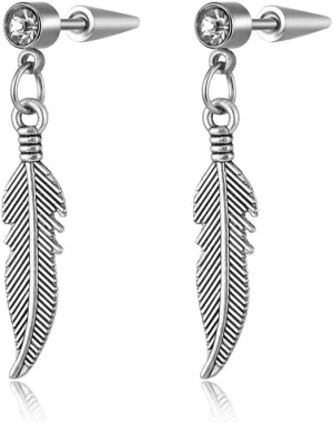 Fashion Feather Dangle Stud Earrings for Men Women Unisex Stainless Steel Crystal Cubic Zirconia Punk Style Dangling Charm Chain Drop Tassel Cartilage Earring Studs Piercing Post Cool Jewelry Gifts