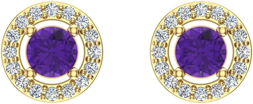February Birthstone Amethyst Diamond Earrings 14K Gold Halo Studs