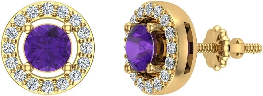 February Birthstone Amethyst Diamond Earrings 14K Gold Halo Studs