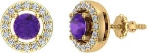February Birthstone Amethyst Diamond Earrings 14K Gold Halo Studs
