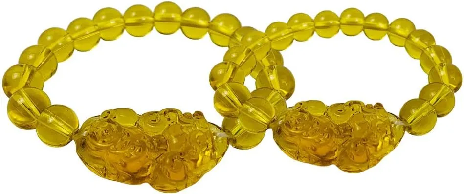 Feng Shui Citrine Stone Bracelet 12mm and 10mm Pi Xiu Bracelet Attract Wealth Lucky Porsperity brave Troops Bracelet with Pi Yao for Men and Women - 2 Pieces