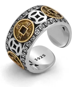 Feng Shui Ring, Vintage Five Emperors Coin Lucky Ring, Retro 925 Sterling Silver Blessing Copper Coin Shape Rings, Neo Chinese Style Aztec Adjustable Rings, Lucky Wealth Amulet
