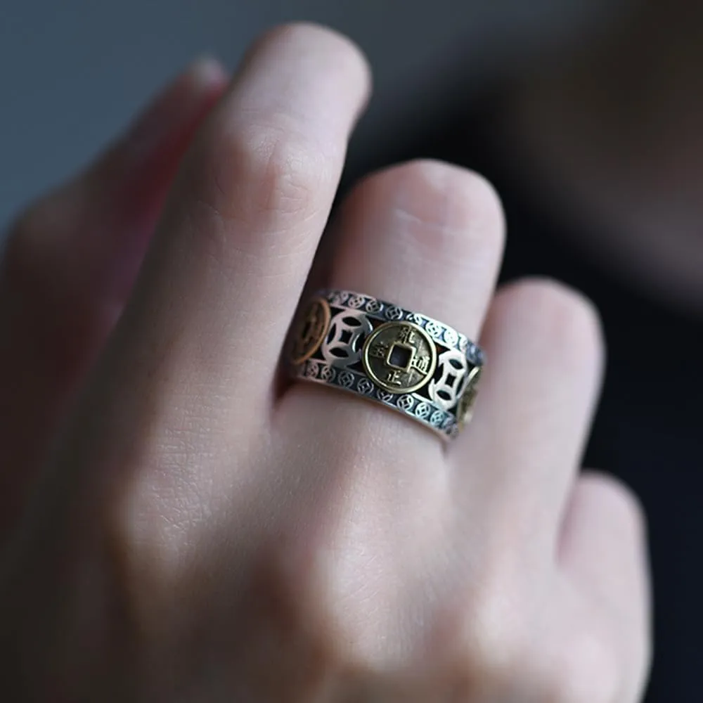 Feng Shui Ring, Vintage Five Emperors Coin Lucky Ring, Retro 925 Sterling Silver Blessing Copper Coin Shape Rings, Neo Chinese Style Aztec Adjustable Rings, Lucky Wealth Amulet