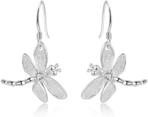 FIFATA Catwalk Sterling Silver 925 Women's Vivid Animals Small Dragonfly Pendant Drop Earrings