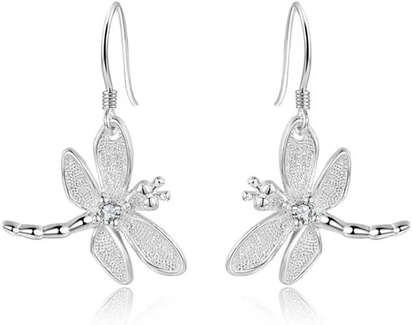 FIFATA Catwalk Sterling Silver 925 Women's Vivid Animals Small Dragonfly Pendant Drop Earrings