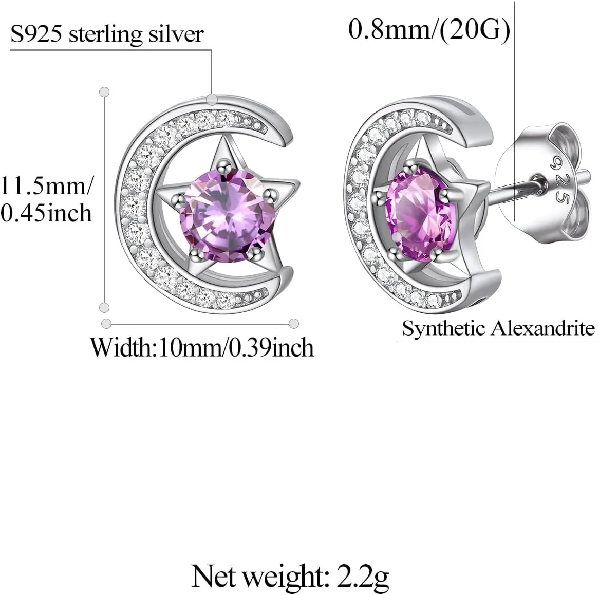 FindChic Sterling Silver Moon Star Earrings with 12 Birthstones Cubic Zirconia Inlaid Birthday Jewelry Gift for Daughter Mother, with Gift Box